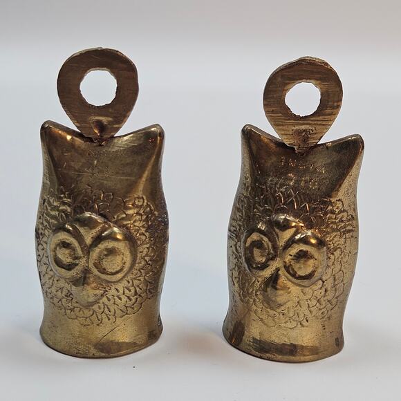 2 Vintage Brass Owl Bells Mid Century dinner bell Boho Bell Hoot Rings - Picture 1 of 7
